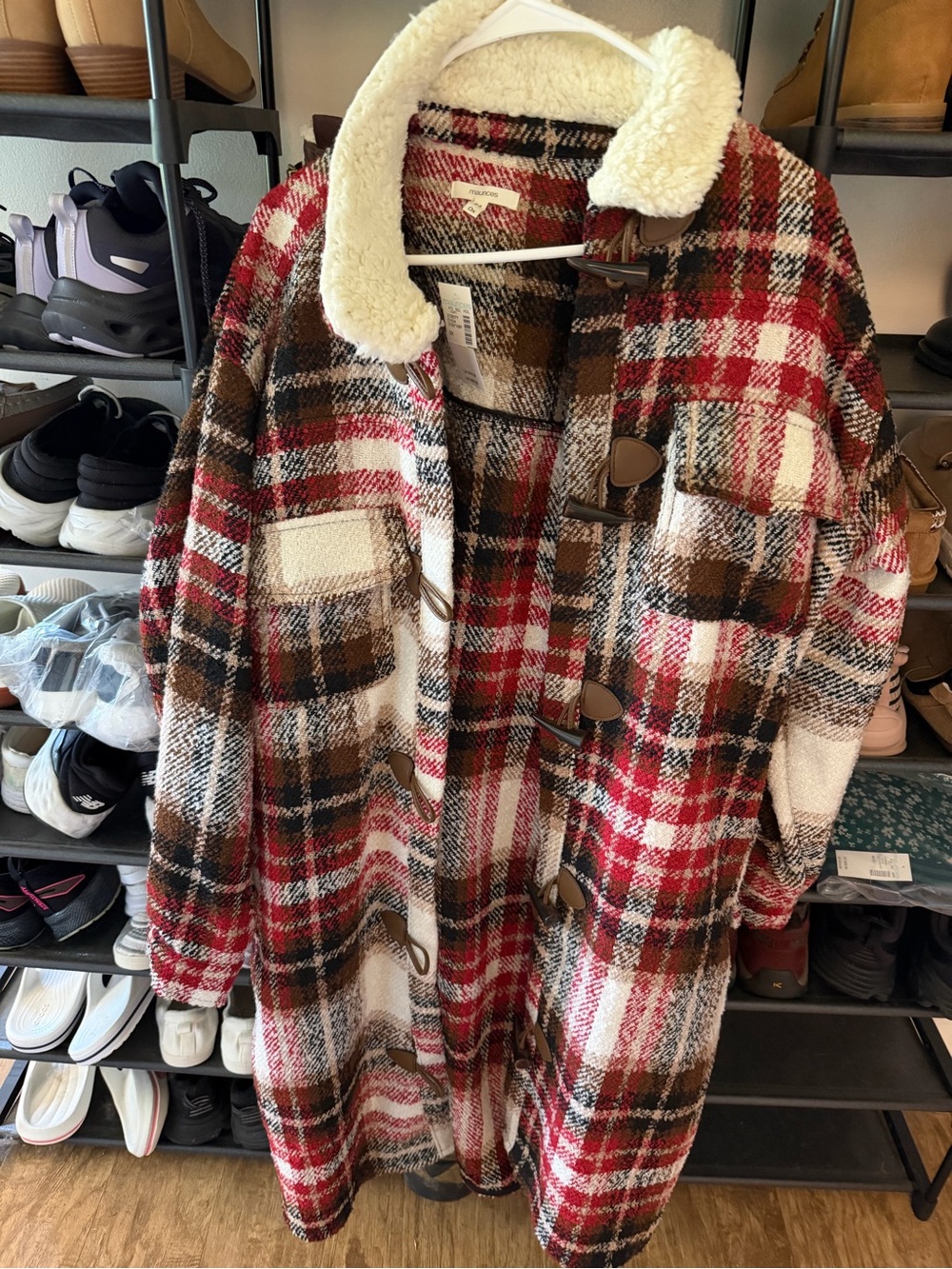 Maurices Red Brown Cream Plaid Teddy Toggle Jacket